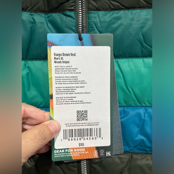 Cotopaxi Men's XL Fuego Down Vest Green Blue Woods Stripes NWT Puffy Puff Puffer - Picture 6 of 15